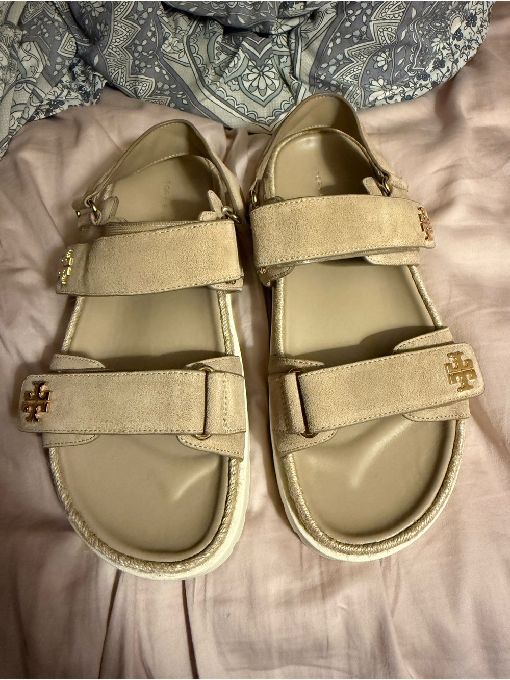 Tory Burch Sand Suede Strap Logo Sandals - Neutral Beige